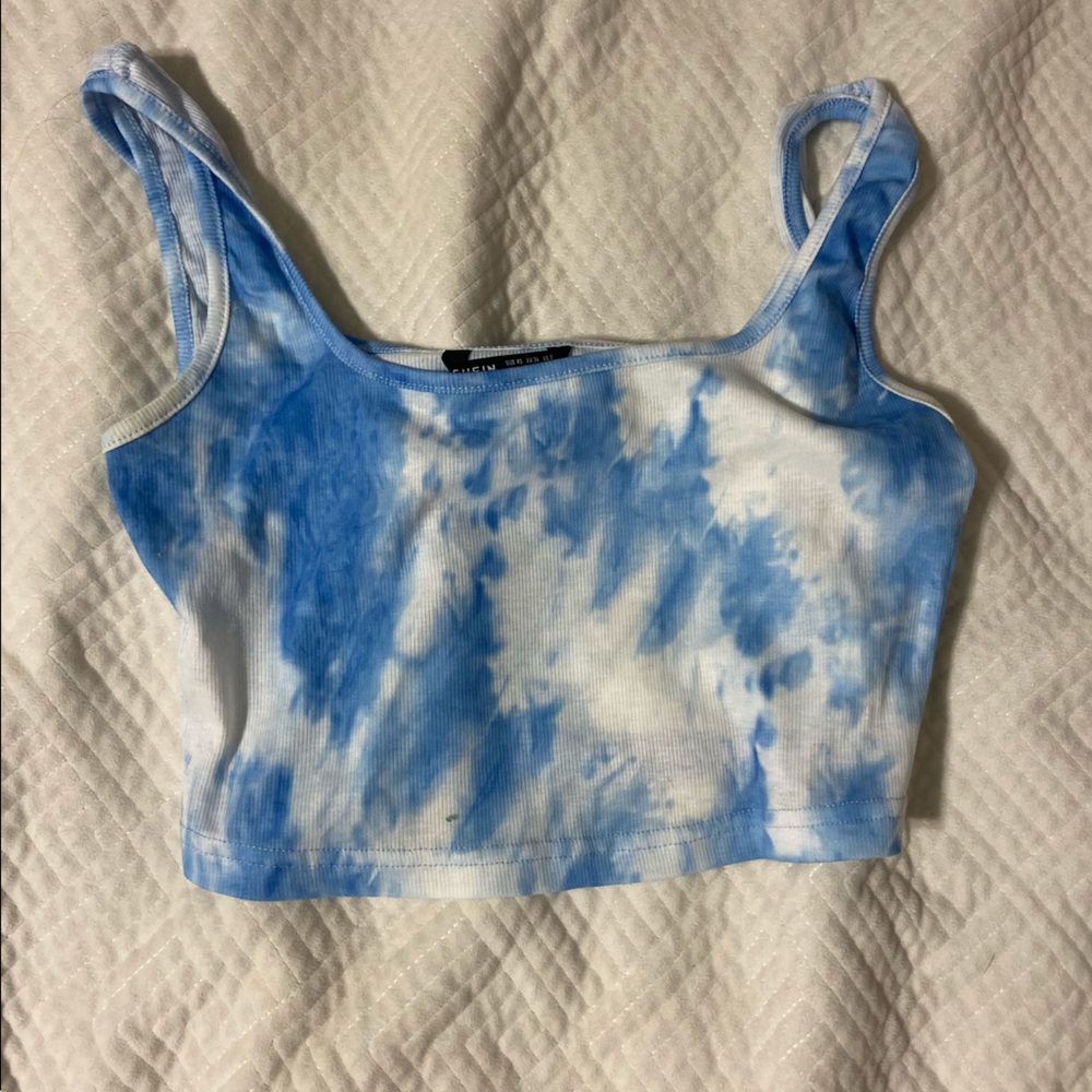 Blue and White tie dye crop top, size small